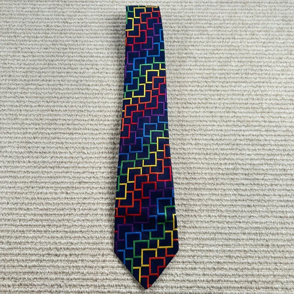 Vintage Bullock & Jones Silk Tie Mens OS Navy Rainbow Geometric Maze Handmade UK